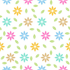 Colorful flat seamless pattern with flowers and leaves