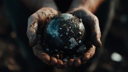 Woman holding a planet made of trash