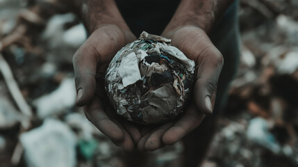 Woman holding a planet made of trash