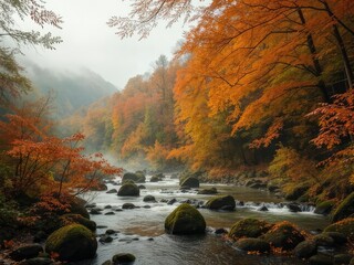 Mystical Autumn Forest by a Misty River
