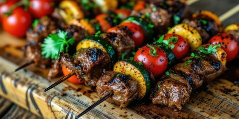 Rustic Grilled Beef, Zucchini, and Cherry Tomato Skewers on Wooden Board
