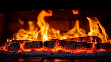 A close-up of the flames in an old-fashioned fireplace, capturing their warm glow against a black background.