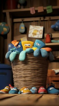 Colorful sock puppets in a basket