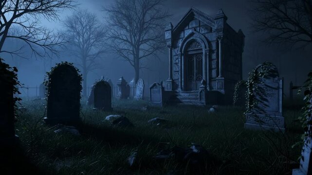 Ancient stone mausoleum and gravestones in a dark, foggy cemetery at night with spooky atmosphere. Halloween horror footage.