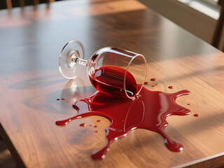 Spilled Red Wine Glass on Wooden Table with Natural Light Reflection