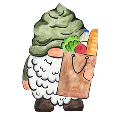 Cute watercolor illustration of a house helper gnome holding a grocery bag. Adorable character for home delivery or shopping concept.