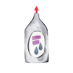 Watercolor illustration of a cleaning solution bottle. Household supplies artwork for home organization. Cute helper clip art for design.