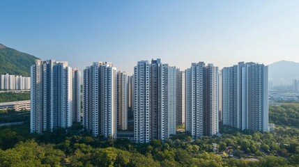 Fototapeta premium Aerial view of several apartment blocks surrounded by green areas, with a cloudless blue sky in the background