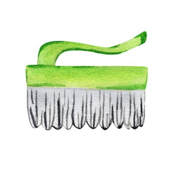 Green scrubbing brush for cleaning. Watercolor illustration of house helper tool. Home cleaning supply element on white background.