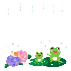梅雨の時期の紫陽花とカエル　イラスト