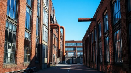 Duisburg industrial heritage site with rusted pipes, red-brick facades, and a clear blue sky in the background