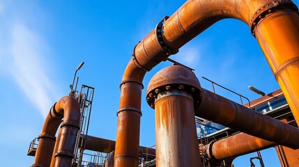 Duisburg industrial heritage site with rusted pipes, red-brick facades, and a clear blue sky in the background