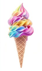 A triple scoop ice cream cone clipart, dessert element, hyper-realistic illustration, vibrant tones, isolated on white background 