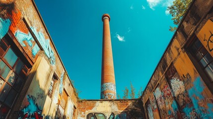 Industrial relics in Duisburg with graffiti-covered walls and a tall chimney stretching toward a bright blue sky