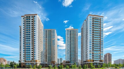 Modern apartment towers with reflective windows mirroring the blue sky and scattered clouds