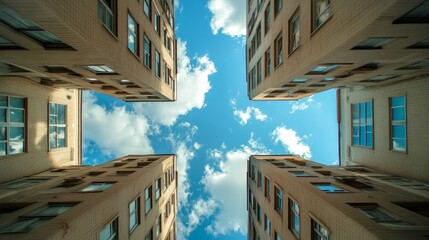 Modern apartment towers with reflective windows mirroring the blue sky and scattered clouds