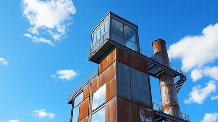 Modernized industrial structure in Duisburg with original chimney preserved, framed by a bright blue sky and scattered clouds