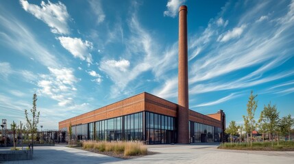 Modernized industrial structure in Duisburg with original chimney preserved, framed by a bright blue sky and scattered clouds