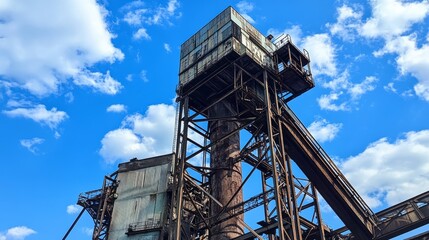 Modernized industrial structure in Duisburg with original chimney preserved, framed by a bright blue sky and scattered clouds