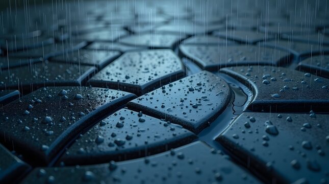 Close-up of wet pavement tiles during a rain shower. Ideal for backgrounds, textures, or illustrating urban environments. 198 characters