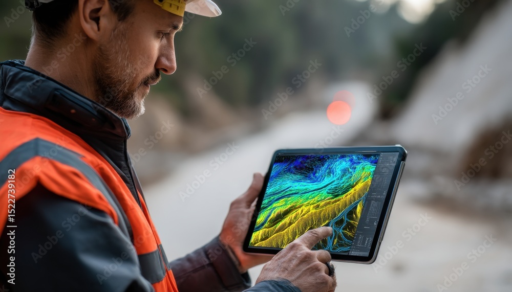 Poster A man in an orange jacket is looking at a tablet with a map on it