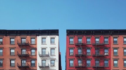 Old and new apartment buildings side by side under a pristine blue sky, showing architectural contrast