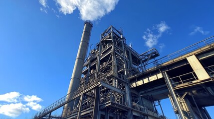 Old coal processing plant in Duisburg, complete with metal frameworks and chimney, under open blue skies
