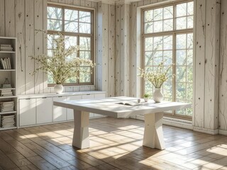 White Wooden Table, Spring Window, Empty Space