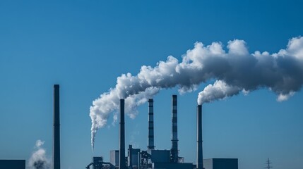 Panoramic view of Duisburg's industrial park with multiple chimneys and warehouses under a deep blue summer sky