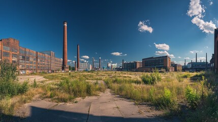 Panoramic view of Duisburg's industrial park with multiple chimneys and warehouses under a deep blue summer sky