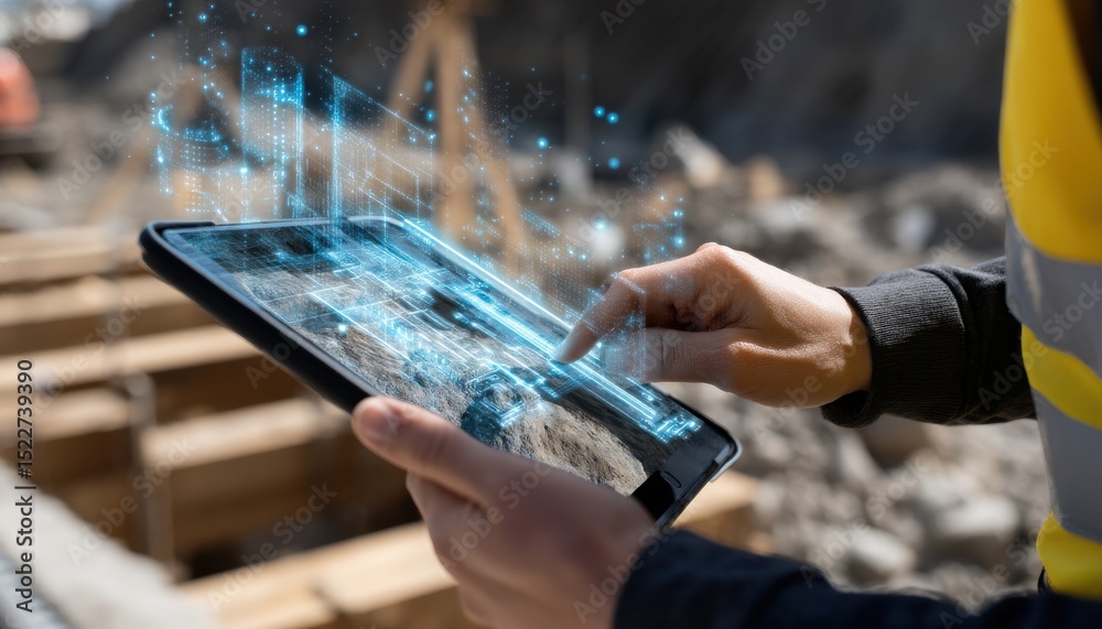 Poster a person is using a tablet to point at a construction site