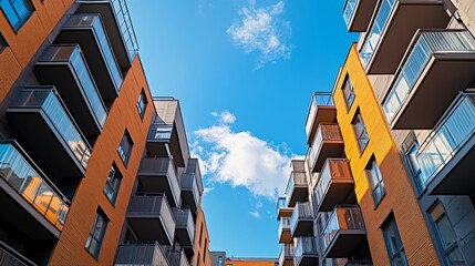 Vertical shot of apartment buildings forming a canyon-like view, with the blue sky peeking between them