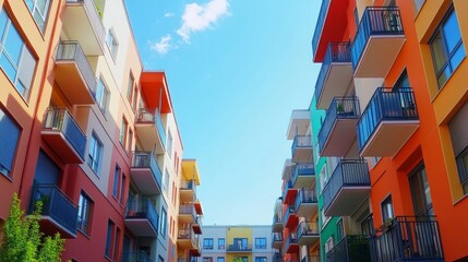 Vertical shot of apartment buildings forming a canyon-like view, with the blue sky peeking between them
