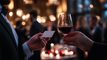 Elegant evening gathering with wine and networking at a sophisticated event in a beautifully lit venue