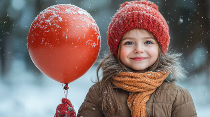 Smiling young girl holding red balloon in snowy winter outdoor cold weather wearing knitted hat and scarf close up portrait with snowflakes on balloon and bokeh background