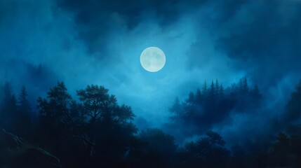 Fototapeta premium Serene Night Landscape Full Moon Majestic Trees Dark Blue Sky Tranquil Forest Mystical Atmosphere Peaceful Nighttime Scenery Dreamlike Moonlit Night Nature Beauty Dark Blue Hues Nighttime Woods 