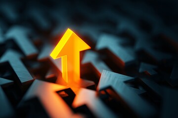 Glowing orange upward arrow symbolizing leadership and progress, rising above scattered arrows in dark background—conceptual image for business success, innovation, motivation, and breakthrough thinki