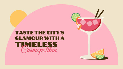 Summer retro web large banner with timeless cosmpolitan magenta cocktail