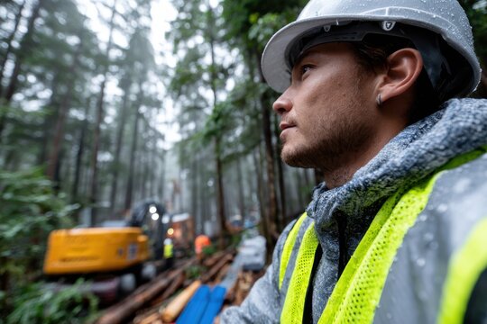 A concentrated forestry worker dons a helmet and reflective gear, standing amidst vibrant trees and machinery, emphasizing the dedication to sustainable logging practices.