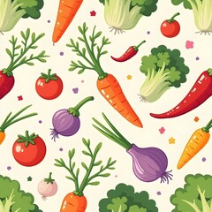 Seamless pattern of cute kitchen vegetables