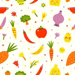 Seamless pattern of cute kitchen vegetables
