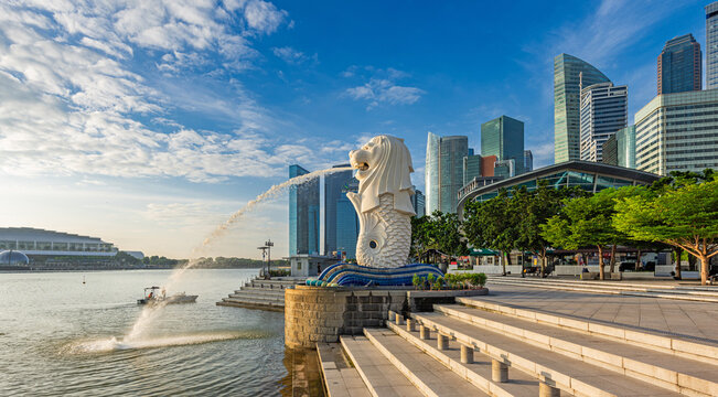 Singapore, February 03, 2024: Merlion statue fountain at Merlion Park in Marina Bay of Singapore. Merlion is the national symbol of Singapore depicted as a mythical creature with a lion head.