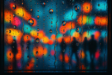 Rainy City Night Colorful Lights and Silhouettes Through Raindrops Wallpaper