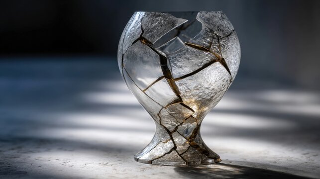 A broken glass vase with a crack in it