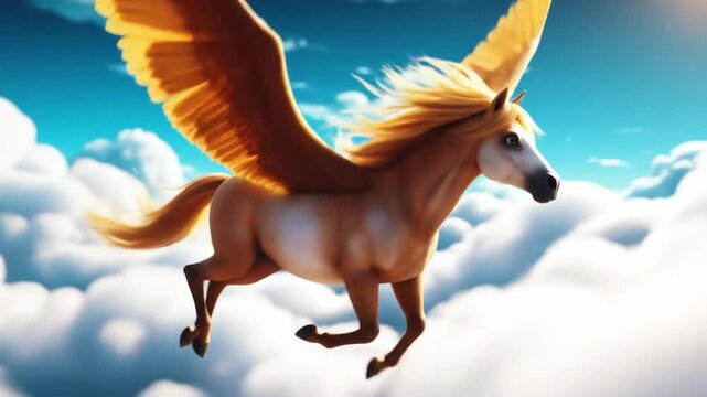 Winged Horse Flying Through Fluffy Clouds Against a Blue Sky Fantasy