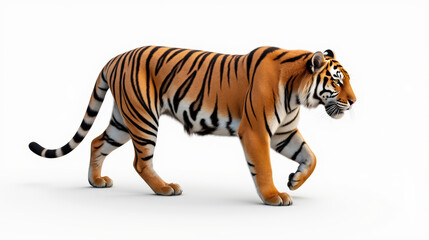 Obraz premium Realistic tiger walking gracefully across white background, showcasing its vibrant orange fur and distinctive black stripes