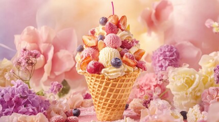Handcrafted ice cream waffle cone with vibrant toppings on pastel background, gourmet dessert, sweet food styling.