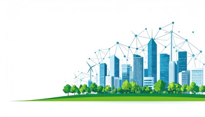 Abstract city skyline with green park, blue buildings, and connecting dots