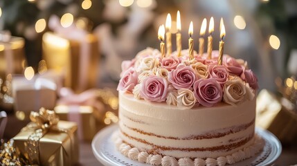 Luxurious birthday cake topped with pastel roses, elegant candles, surrounded by gold-wrapped gift boxes, soft blurred background, high-end celebration vibe. 