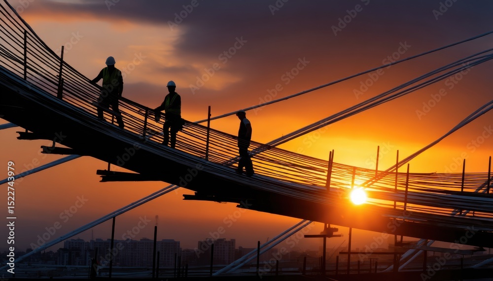 Poster three men are walking on a bridge with a sunset in the background